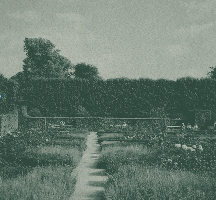 A narrow garden path lined with flower beds and hedges, leading toward a tall green hedge wall in a formal garden