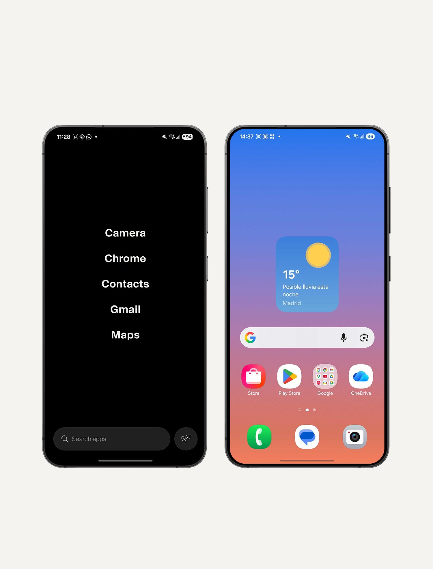 Two smartphones side by side, one with a black screen and the other with a colorful app interface.